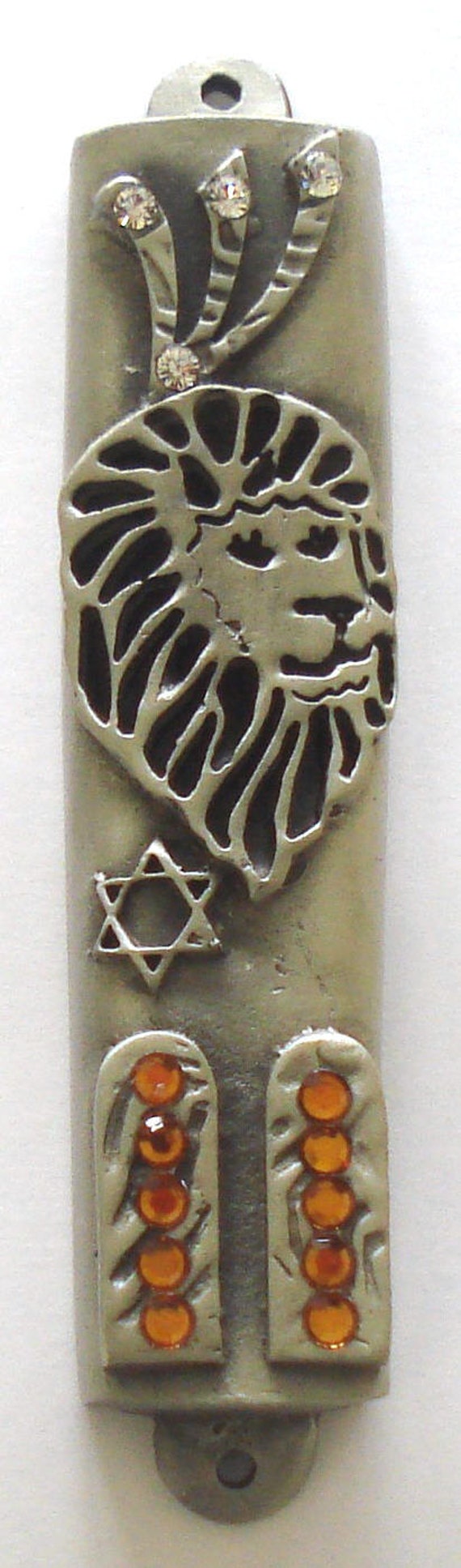 Pewter Mezuzah - Lion Of Judah Ten Commandments Decorated With Topaz Swarovski Crystals -Come With A Kosher Scroll