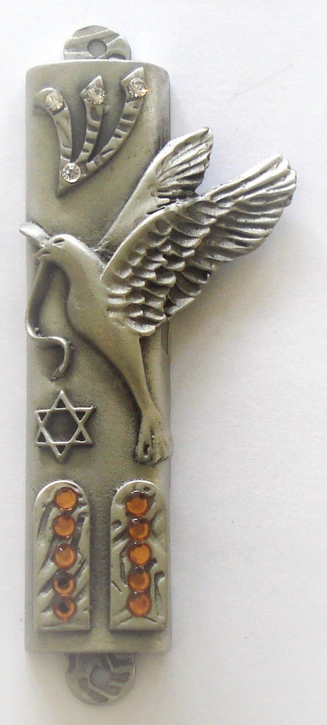 Pewter Mezuzah With Kosher Scroll - Ten Commandments Highlighted With Swarovski Crystals