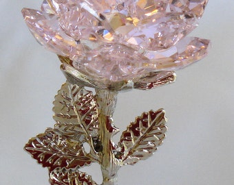 Pink Crystal Rose on Marble Base Handcrafted By The Artisans At Bjcrystalgifts Using Swarovski Crystals