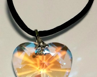 AB Crystal Heart Necklace On A Black Cord Handcrafted With Swarovski Crystal