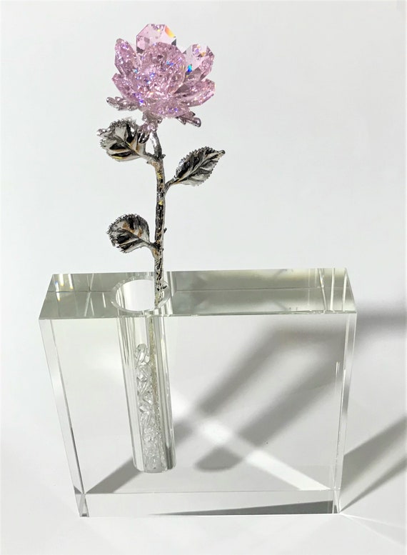 Stunning Sparkling Pink Crystal Rose in A Crystal Vase Hand