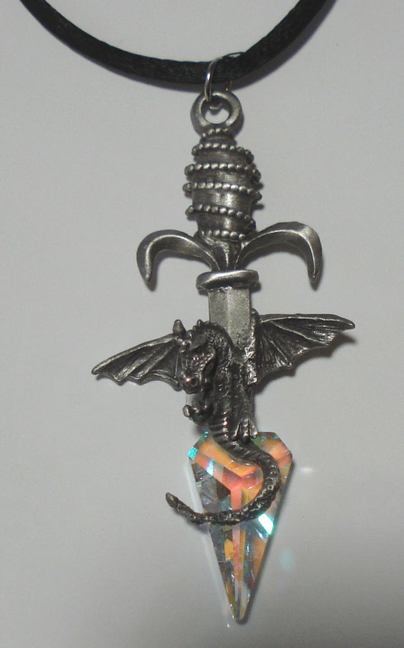 Necklace With Pewter Dragon Sword and Swarovski Crystal on Black Cord image 4