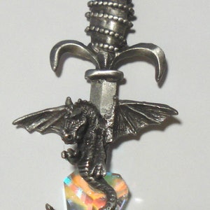 Necklace With Pewter Dragon Sword and Swarovski Crystal on Black Cord image 2