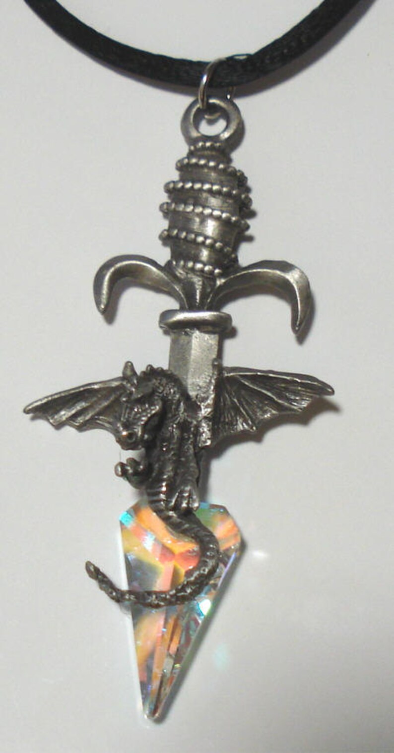 Necklace With Pewter Dragon Sword and Swarovski Crystal on Black Cord image 2