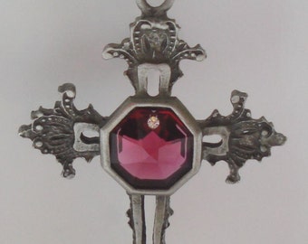 Pewter Cross Necklace with Red Swarovski Crystal Center