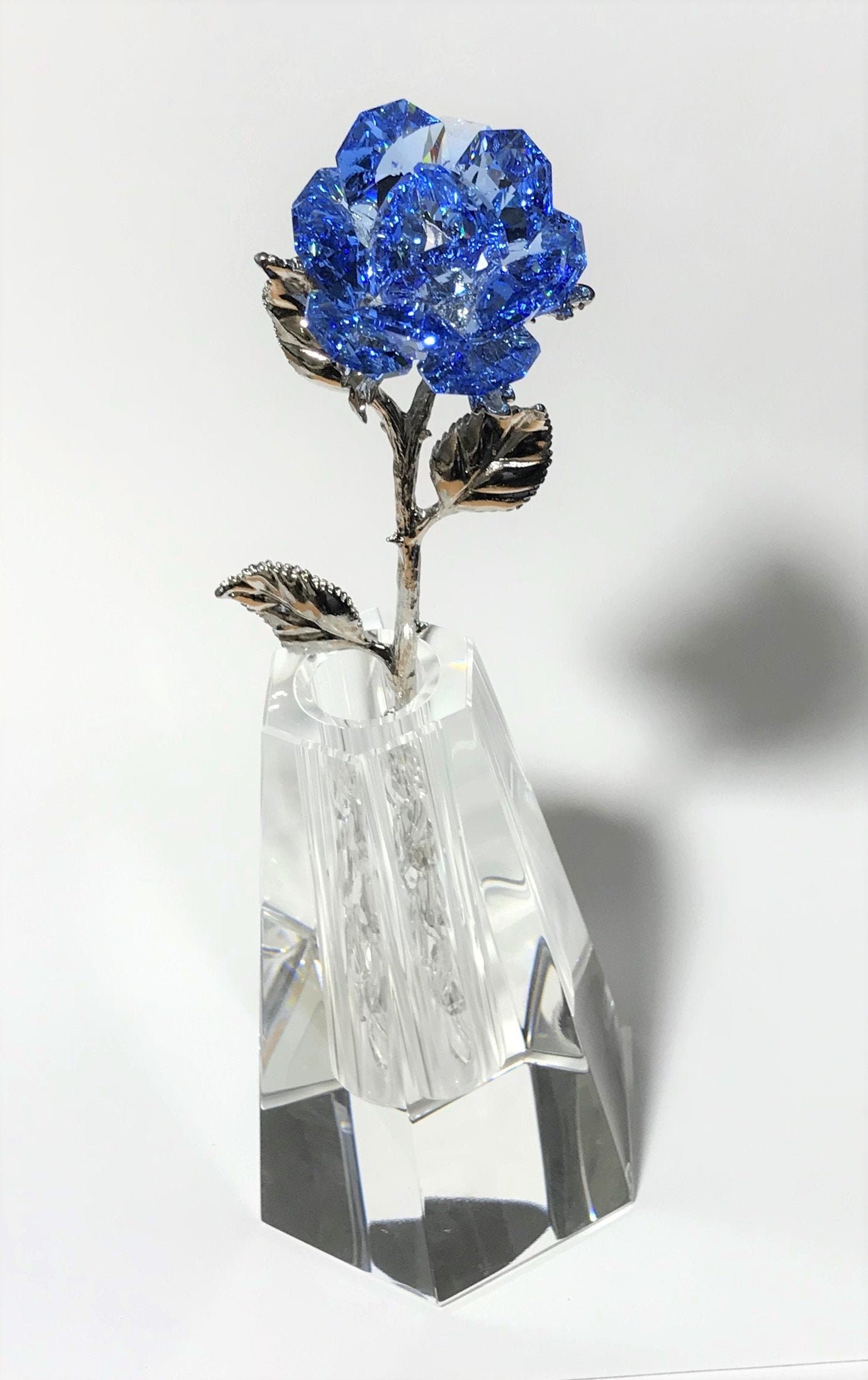 Blue Crystal Rose in Crystal Vase Handcrafted by the Artisans at