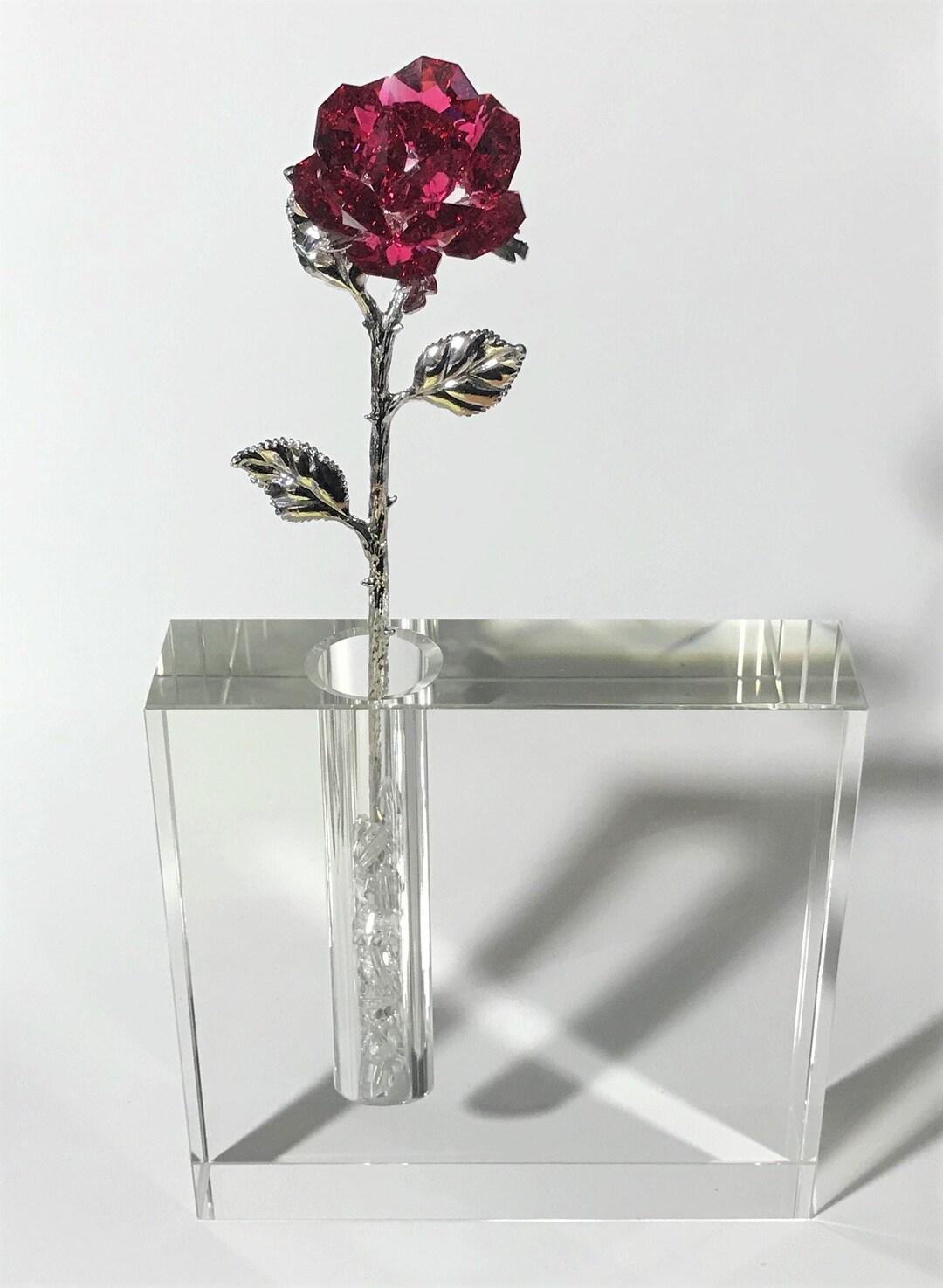 Red Crystal Long Stem Rose in 5 in Square Crystal Vase Red Crystal