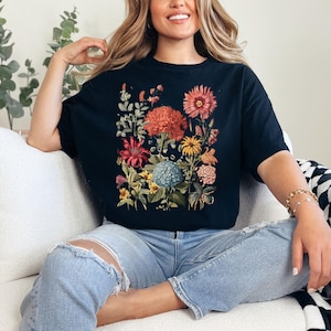 Boho Wildflowers Cottagecore Shirt, shirt met wilde bloemenzak, vintage bloemenhanddoek, cadeau voor vrouwen, onderzetter met geperste bloemen, botanische regenwaterprint