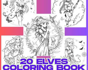 20 Elves Adult Coloring Book Fantasy Printable Pages for Adults PDF