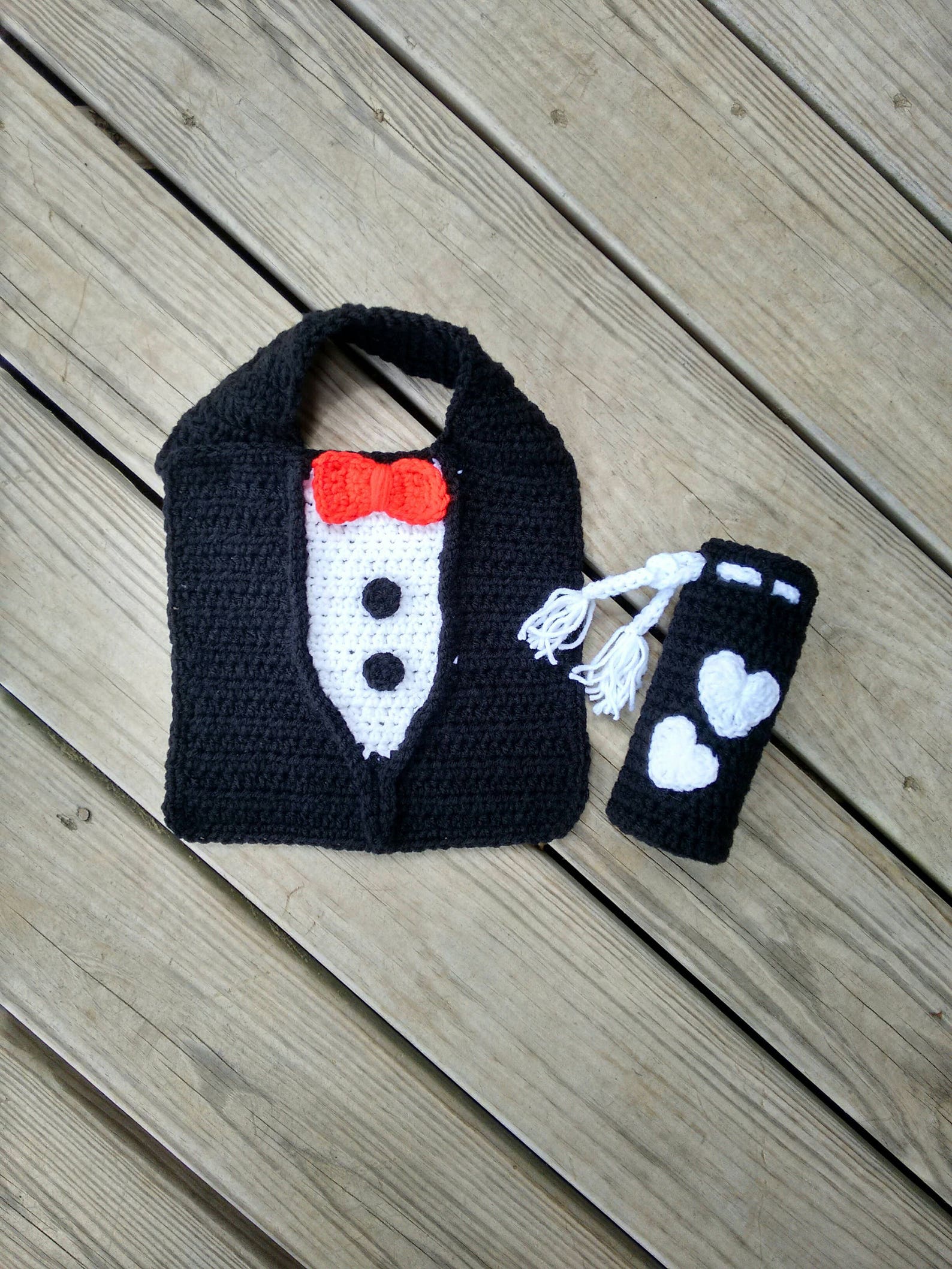 Crocheted Bib & Bottle Holdertuxedo Baby Bib W/ Bottle Etsy