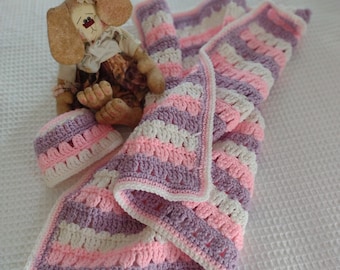 Hand Crocheted Baby Blanket & Hat Set, Pink Purple White Flowers