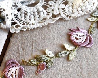 Rose & Rosebuds Two Tone Mauve with Metallic Leaves Embroidered Floral Lace Trim 1 1/2"
