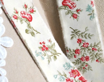 Hand Torn Multicolor Red, Green & Teal Flower Floral Fabric Strips 2"