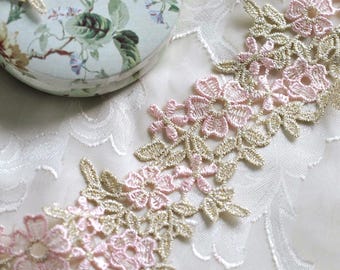 Pastel Pink & Cream Hollow Floral Sparkle Gold Thread Embroidered Lace Trim 3 1/2"