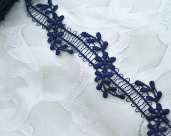 Navy Blue Floral Vertical Flower Ladder Lace Trim 1 1/2", Decorative, Doll Trim, Scrapbooking Junk Journal Lace Trim