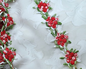 Red, Green, White Applique Flower Embroidered Lace Trim 1 1/8", Shabby Chic, Lace, Doll Trim, Scrapbooking Junk Journal Supply,