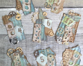 Handmade 8 Steampunk Gear Geometric Numbered Fabric and Paper Cluster Tag Journal Page Ephemera Embellishments
