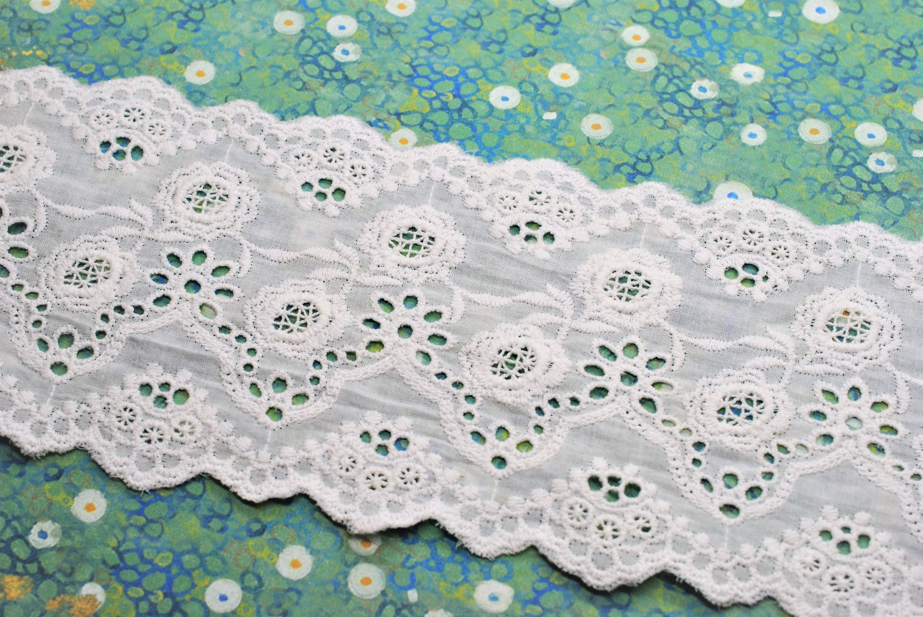 White Cotton Floral Hollow Eyelet Embroidered Double Scalloped Edge Lace Trim 4 1/8", Doll Trim, Scrapbooking Junk Journal Trim, Decorative