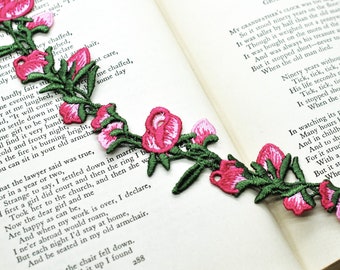 Red & Pink Floral Vine Rosebuds Flower Embroidered Lace Trim, Shabby Chic Lace, Doll Trim, Scrapbooking Junk Journal Supply