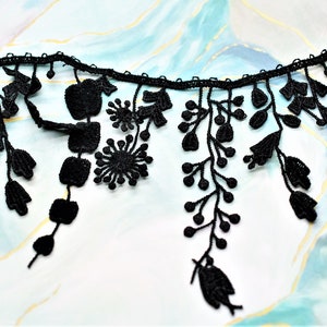 Black Floral Lace Water Soluble Tassel Fringe Embroidery Hollow Lace Trim, Junk Journal, Slow Stitch, Snippet Cluster Scrapbooking Ephemera image 3