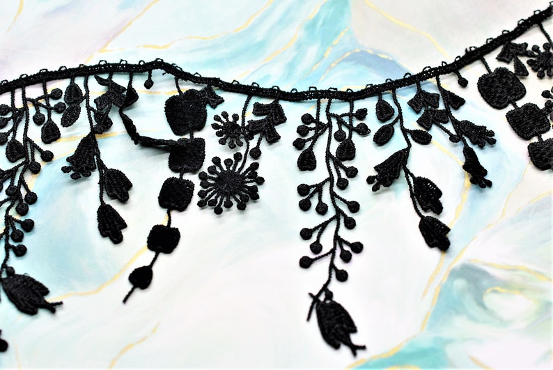 Black Floral Lace Water Soluble Tassel Fringe Embroidery Hollow Lace Trim, Junk Journal, Slow Stitch, Snippet Cluster Scrapbooking Ephemera image 3