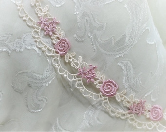 Pink & Cream Floral Rose Embroidered Swag Lace Trim, Doll Trim, Scrapbook Junk Journal Lace Trim. Decorative Trim