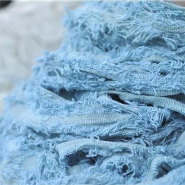 Fuzzy Eyelash Cotton Ribbon Yarn, Fun Ribbon Yarn,  3 or 5 Yards, Blue Crafting Ribbon Yarn, Shabby Chic, Victorian