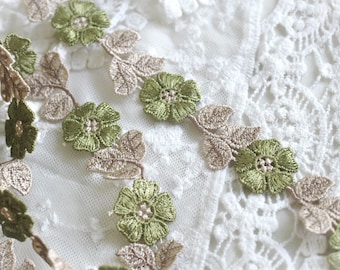 Olive Green Khaki Embroidered Floral Flower Applique Lace Trim