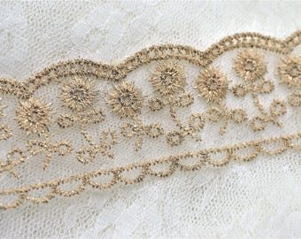 Gold Metallic Embroidered Flower Organza Tulle Mesh Scallop Swag Lace 1 1/2", Vintage Inspired Lace, Scrapbooking Junk Journal Lace Trim