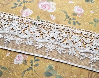 Cream Cotton Floral Flower 3D Embroidered Bilateral Lace Trim 3", Doll Trim, Scrapbooking Junk Journal  Slow Stitching Trim