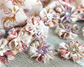 Handmade 3D Cotton Fabric Lace Rhinestone Applique Ruffle Flower Embellishments