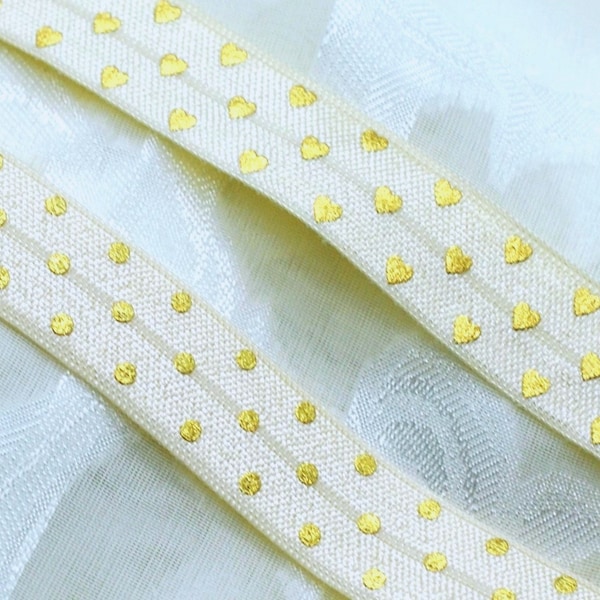 Gold Polka Dot Heart  Ivory Fold Over Elastic Stretch Ribbon Trim 5/8", Shabby Trim, Doll Trim, Scrapbooking Journal Trim,