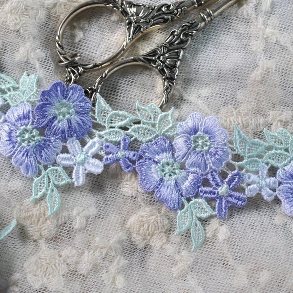 Purple Mint Green White Floral Applique Venice Venise Lace Trim, Scrapbooking Junk Journal Trim, Doll Trim, Flower Lace Trim,
