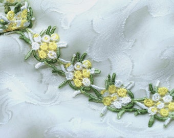 Yellow, Green, White Applique Flower Embroidered Lace Trim 1 1/8", Shabby Chic, Lace, Doll Trim, Scrapbooking Junk Journal Supply,