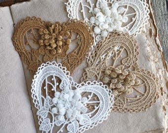 Large 3D Heart Floral Embroidered Embellishment Applique 4", Sew on Applique, Slow Stitching Crazy Quilting Journal Cover Embellishment