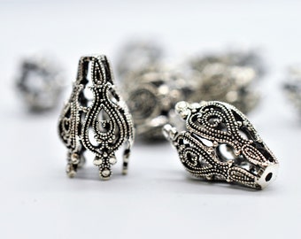 Antique Silver Vintage Inspired Silver Tone Bead Caps (2 or 4), Tassel Supply, Long Bead Cap,