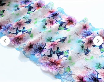 Wide Double Scallop Soft Mesh Stretch Floral Lace, Multicolor Aqua Blue  Pink Green, French Inspired, Doll Lace. Mixed Media, Art Journal