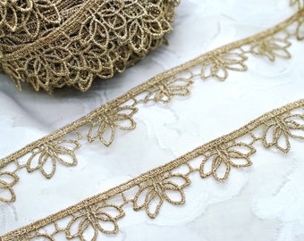 Gold Floral Lotus Flower Hollow Lace Trim 1", Boho Lace Trim, Slow Stitching Scrapbooking Junk Journal Supplies, Hair Supplies