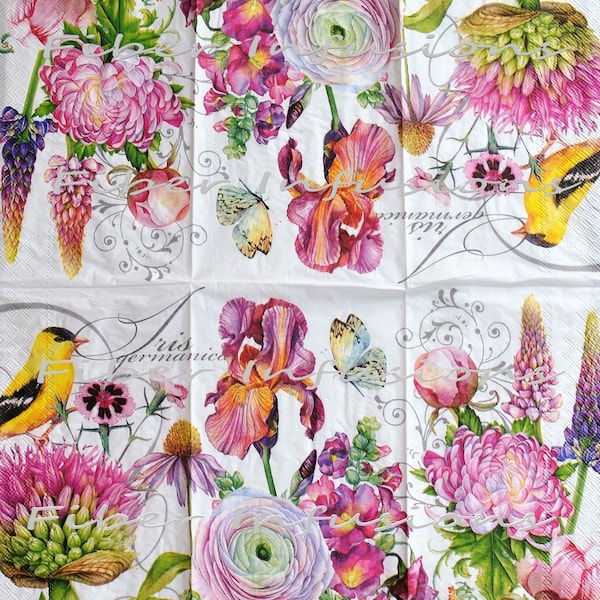 Decoupage Large Paper Napkin, Iris, Botanical Flower, Bird, Vintage Inspired, Floral Paper Napkins, Altered Art Supply