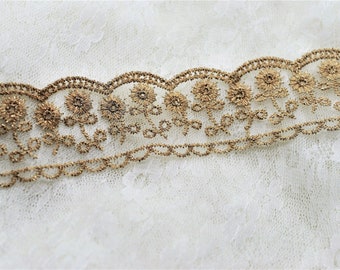 Gold Metallic Embroidered Flower Organza Tulle Mesh Scallop Swag Lace 1 1/2", Vintage Inspired Lace, Scrapbooking Junk Journal Lace Trim