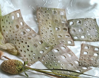 Handmade Mixed Media Supply Coffee Aged /Hand Painted Cotton Embroidered Eyelet Geometric Fabric Strip Embellishments 3"