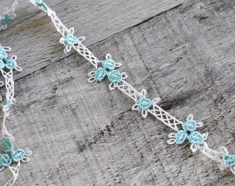 Dainty Bluegreen Mini Rose Lattice Floral Embroidered Lace Trim 3/4", Shabby Chic, Lace, Doll Trim, Scrapbooking Journal Lace