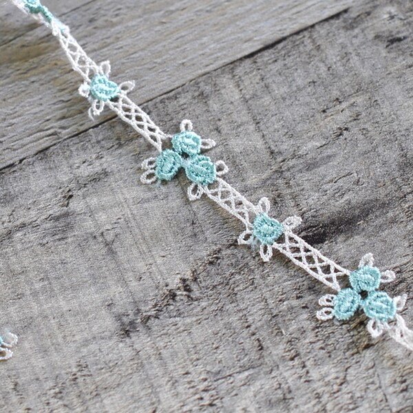 Dainty Bluegreen Mini Rose Lattice Floral Embroidered Lace Trim 3/4", Shabby Chic, Lace, Doll Trim, Scrapbooking Journal Lace