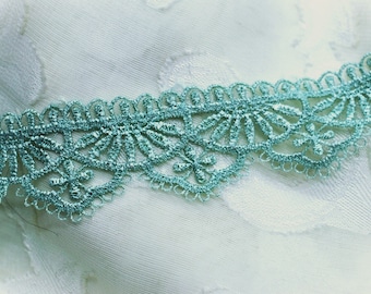Bluegreen Embroidered Scalloped Floral Lace Trim 1", Shabby Chic, Doll Trim, Scrapbooking Junk Journal Trim