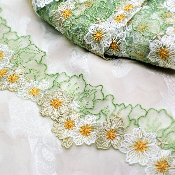 Green Floral Flower Organza Tulle Double Swag Lace, Decorative Mesh Embroidery Lace, Scrapbooking Junk Journal Trim, Boho  Art Nouveau Trim