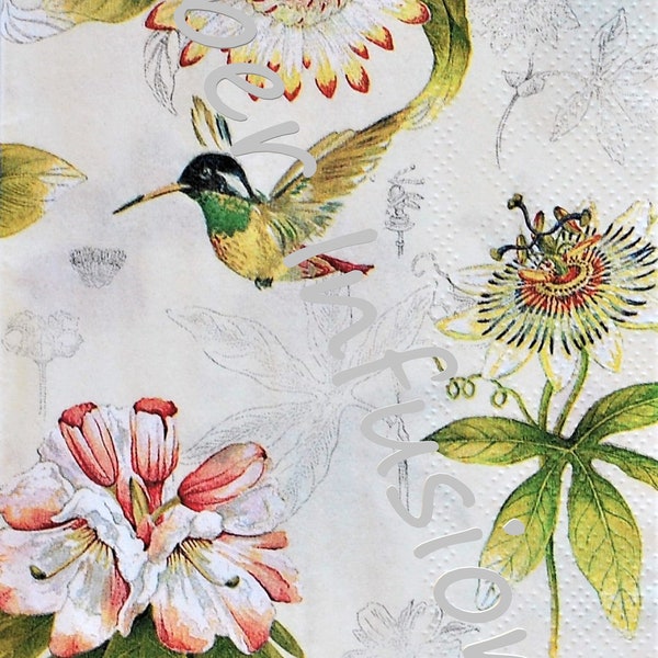 Decoupage Large Paper Napkin, Hummingbirds, Botanical Flowers, Vintage Inspired, Floral Paper Napkins, Altered Art Supply,