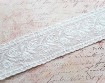 White Cotton Rose Floral Eyelet Embroidered Double Scalloped Edge Lace Trim 1 3/4", Doll Trim, Scrapbooking Junk Journal Trim, Decorative