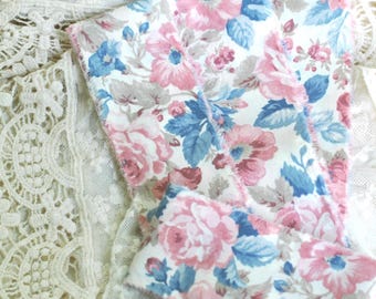 Hand Torn Vintage Coral and Colonial Blue Floral on Cream Cotton Fabric Strips 2"