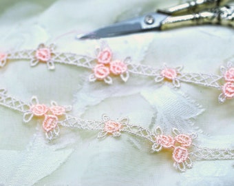 Dainty Mini Rose Lattice Floral Embroidered Lace Trim 3/4", Shabby Chic, Lace, Doll Trim, Scrapbooking Journal Lace