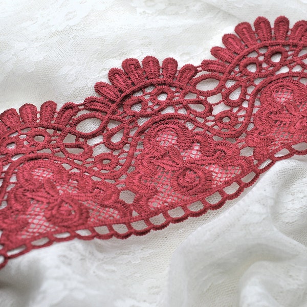 Burgundy Red Scallop Medallion Embroidered Water Soluble Hollow Scroll Lace Trim (4"), Junk Journal Slow Stitching Pocket Christmas Trim